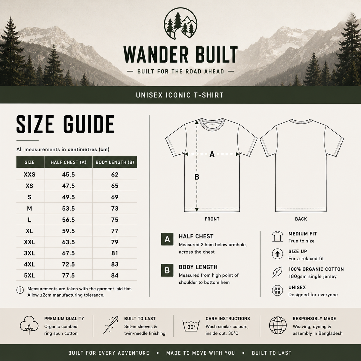 Wander Built t-shirt size guide with mountainous background